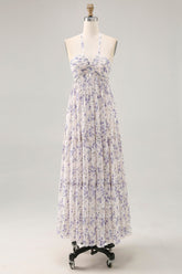 Blumen Gerafftes A Linie Blaues Neckholder Langes Hochzeitsgastkleid